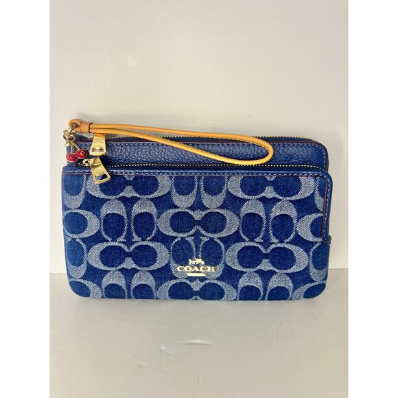 Coach Denim Double Wristlet with cherry charm - Picture 1 of 3